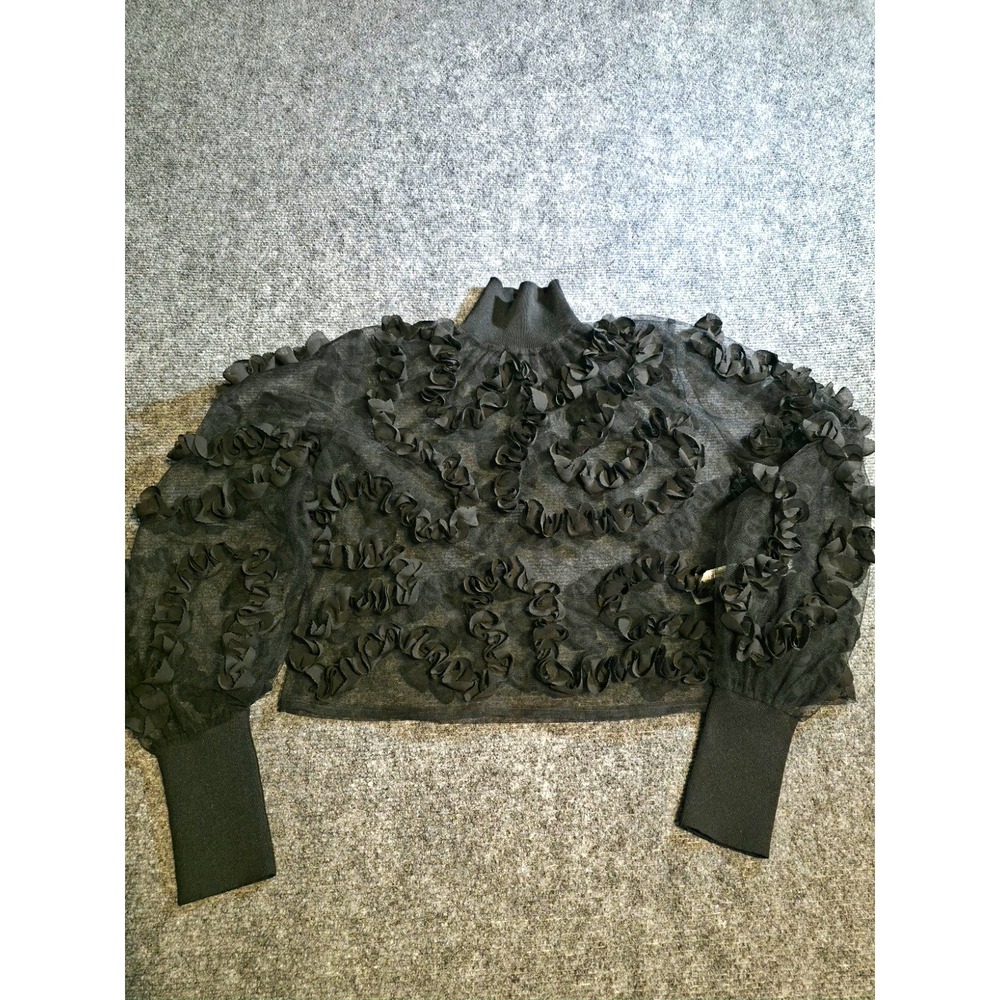 Zara Black 3D Floral Rosette Sheer Mesh Top Size S NWOT - Picture 2 of 8